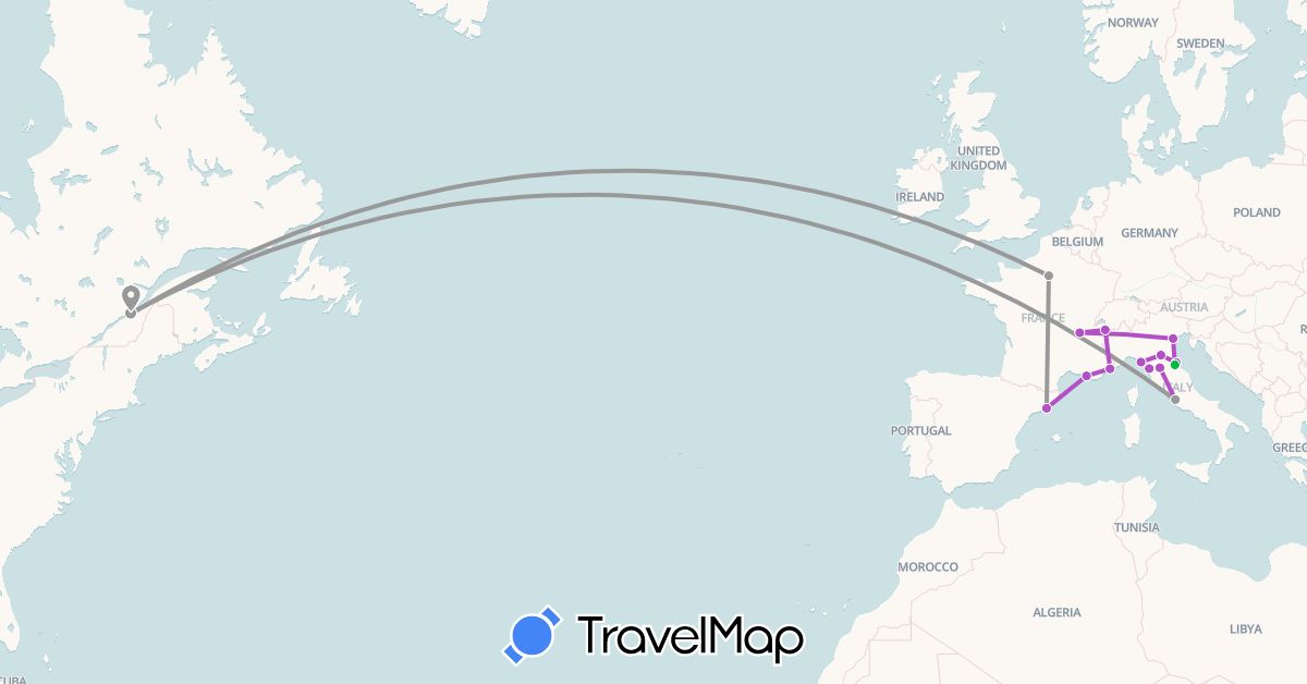 TravelMap itinerary: bus, plane, train in Canada, Spain, France, Italy, San Marino (Europe, North America)